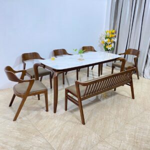 Bàn ăn Rudy Saint 5 ghế – gỗ walnut phối da